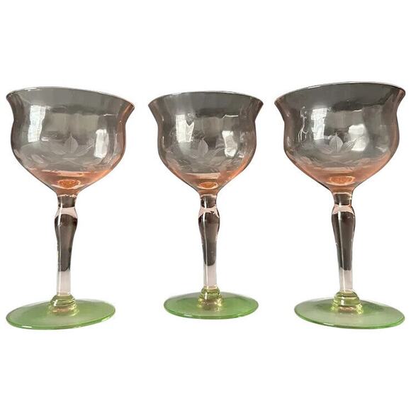 Weston Liquor Cocktail Glasses Set of 3 Floral Cut Pink Bowl Green Foot VTG
